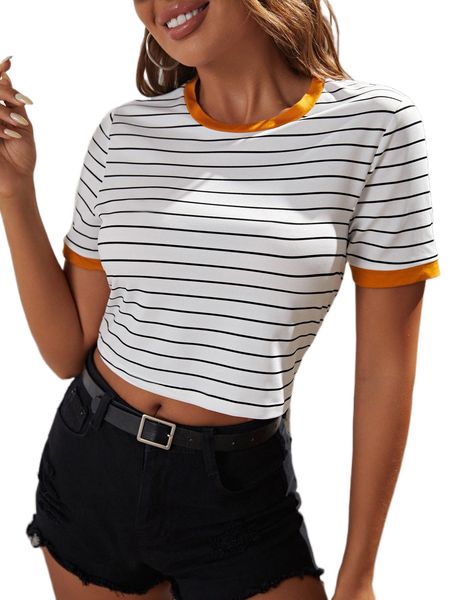 

striped print crop tee v8ei#, White