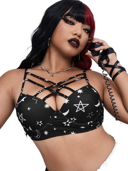

plus star & moon print crisscross push up bikini f6ps#, Black