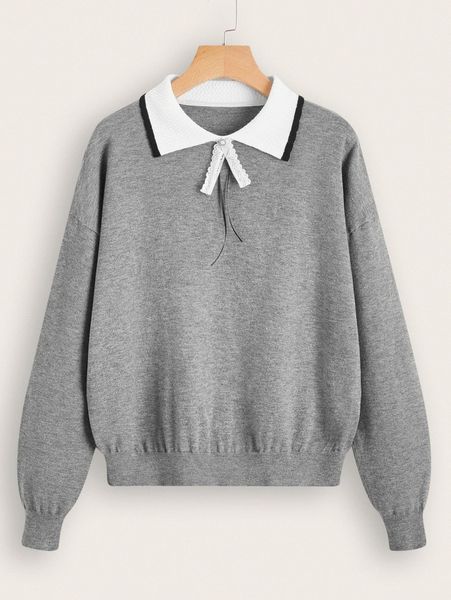

contrast collar bow front sweater 18fp#, White;black