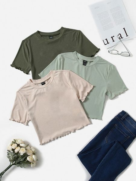 

3pcs lettuce trim ribbed knit tee 68j9#, White
