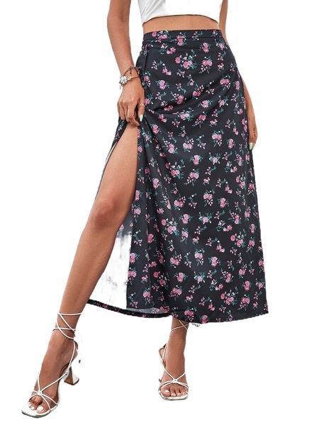 

floral split thigh skirt o5dq#, Black