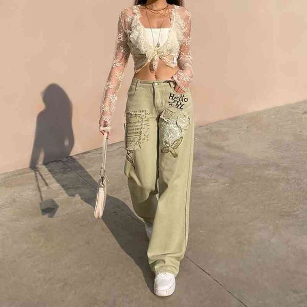 

y2k retro creative print jeans vrouwelijke europese en amerikaanse persoonlijkheid straat losse en dunne casual alle-match rechte broek l220, Blue