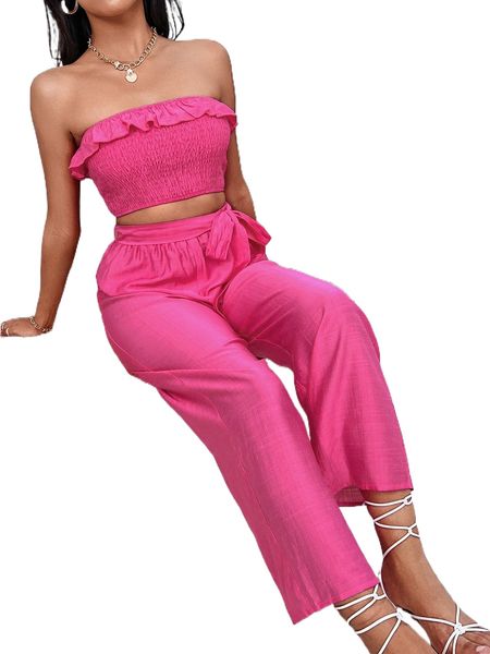 

shirred ruffle trim tube & belted pants j7fy#, White