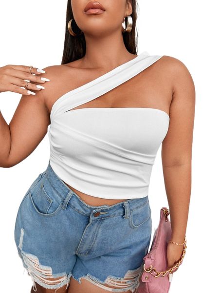 

plus ruched side one shoulder crop q8ut#, Black