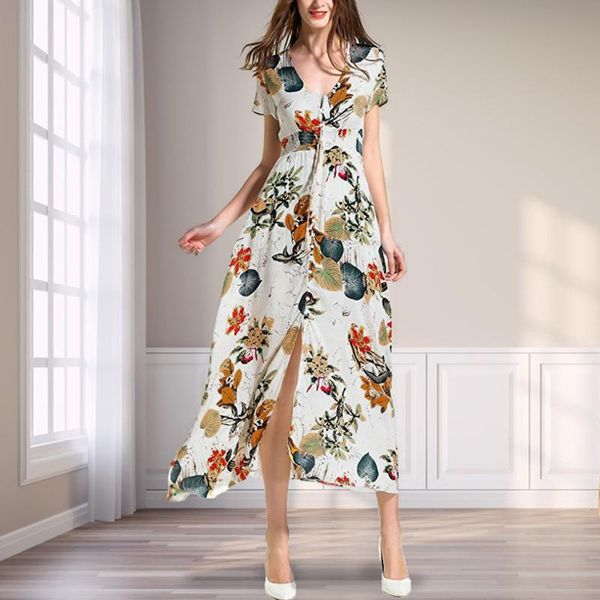

casual dresses women's summer dress bohemian style short sleeve button up split sundress daily wear floral print flowy party maxi, Black;gray