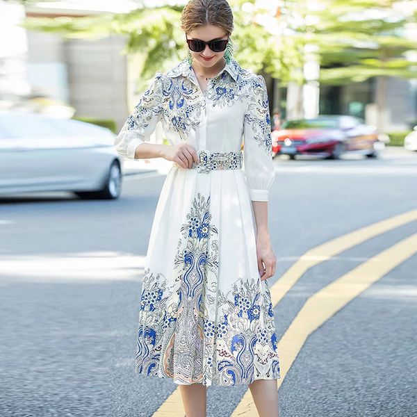 

women's runway dresses turn down collar 3/4 sleeves printed high street fashion dress vestidos, Black