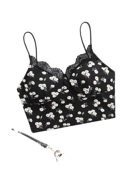 

plus daisy print lace detail cami i13r#, Black