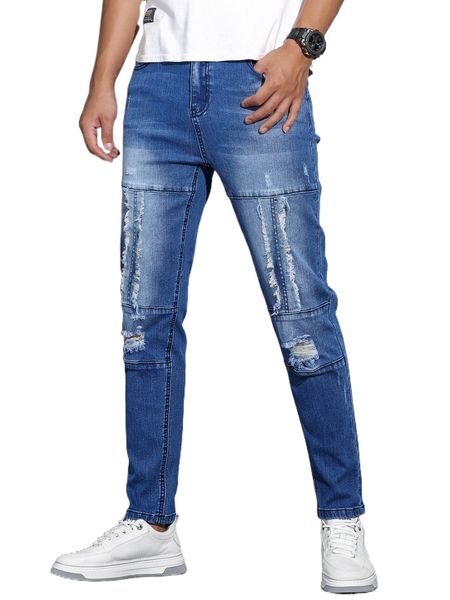 

men bleach wash ripped tapered jeans 54ms#, Blue