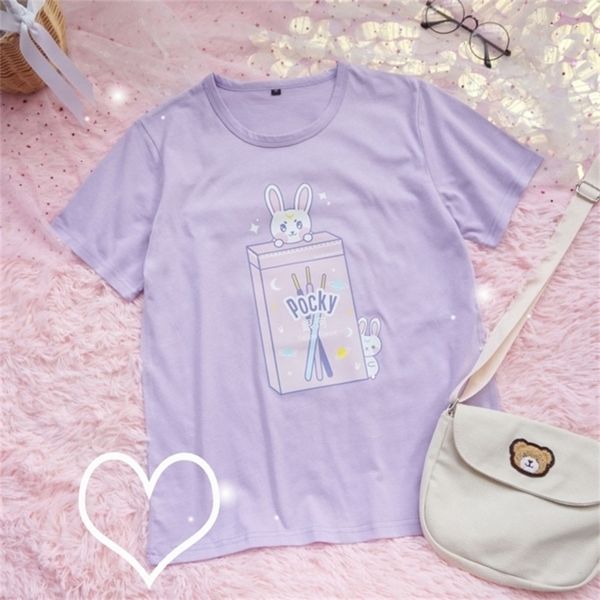 

japanese soft girl summer purple rabbit printed short sleeve t shirt tee students harajuku small fresh loose kawaii tshirt 210317, White