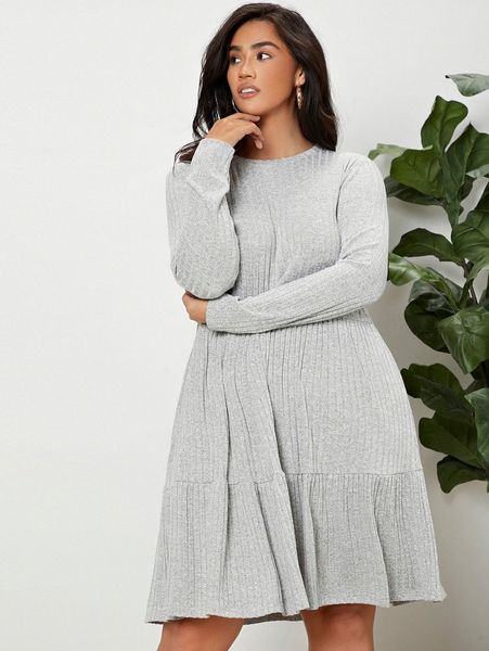

plus ruffle hem ribbed knit dress g1en#, Black