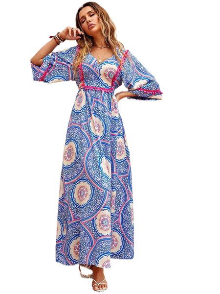 

floral print pompom trim tie back dress w8za#, Black;gray