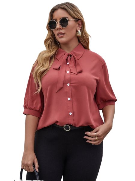 

plus tie neck puff sleeve blouse l462#, Black