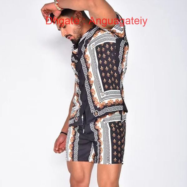 

men's casual shirts luxury men tracksuits hawaiian fashion sets printing short sleeve button shirt summer beach shorts tees streetwear, White;black