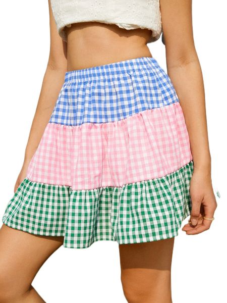 

gingham print colorblock ruffle hem skirt 72su#, Black