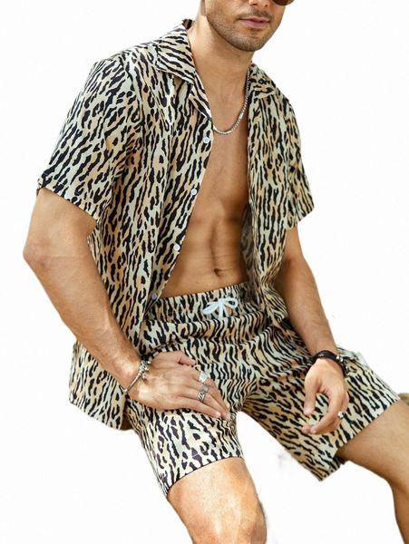 

men allover print shirt & drawstring waist shorts h0il#, Gray