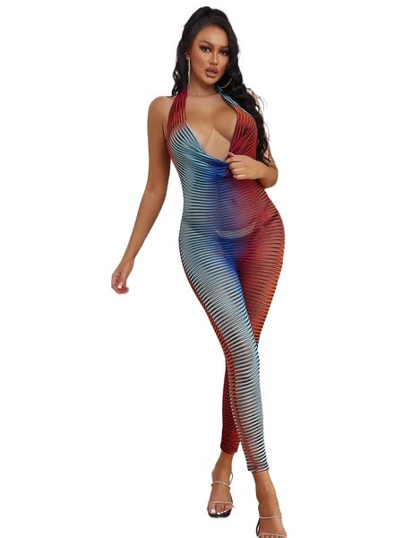 

ombre draped plunging neck backless halter unitard n3dj#, Black;white