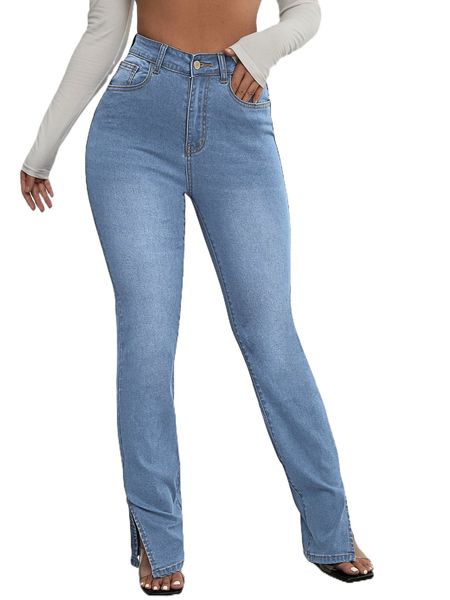 

sxy high waisted slit hem flare leg jeans z9n6#, Blue