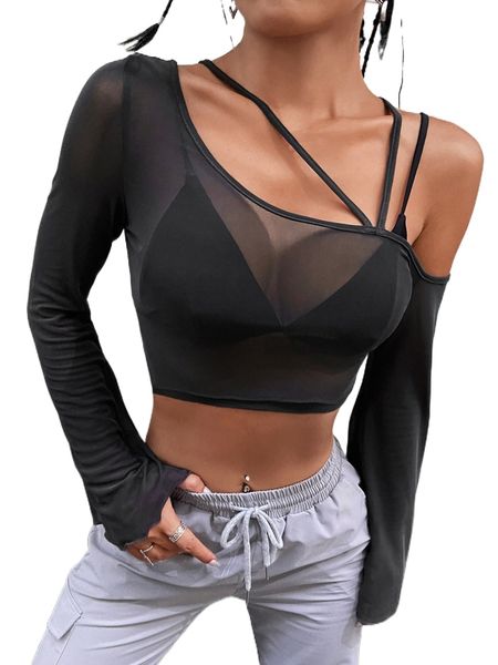 

asymmetrical neck flounce sleeve sheer mesh n1bj#, White