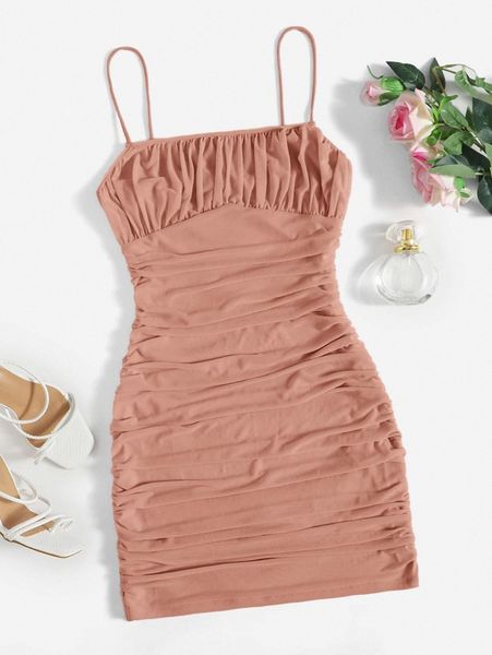 

ruched mesh cami bodycon dress 113v#, Black;gray