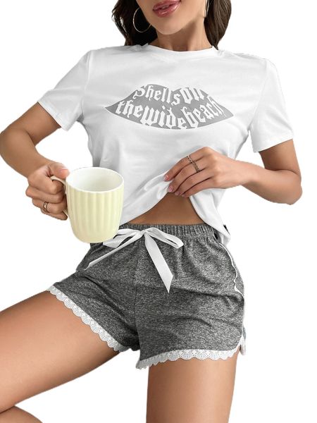 

lip & slogan graphic bow front lace trim pj set e3fj#, Black;red