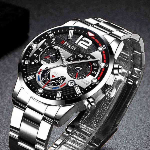 

2022 fashion men watches luxury stainless steel quartz watch calendar luminous clock men business casual leather watch, Slivery;brown
