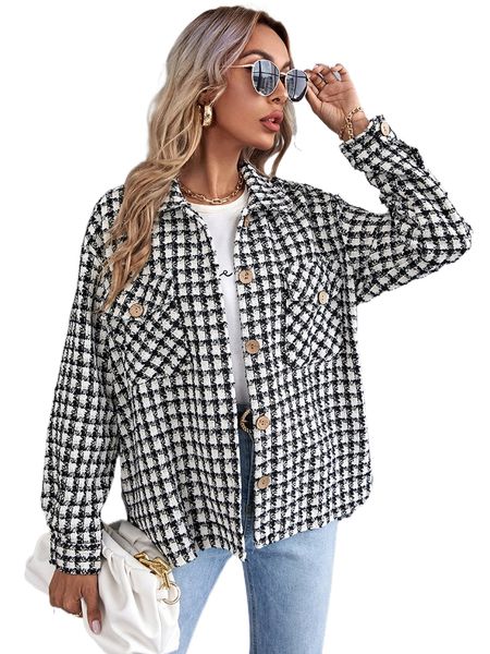 

plaid curved hem tweed overshirt 24y2#, Black