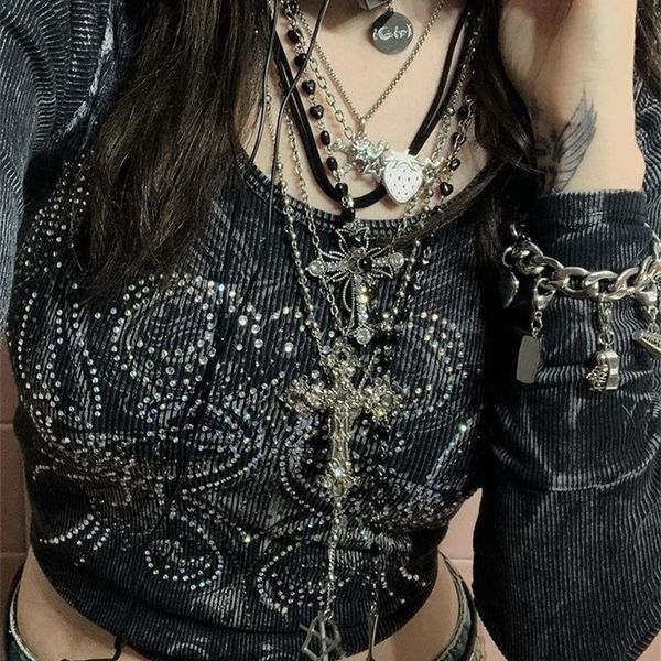 

tawnie y2k graphic print women t shirt spring grunge aesthetic fairycore crop o neck long sleeve tee 220321, White