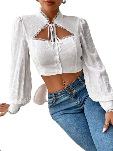 

cut out lace trim tie neck bishop sleeve crop blouse t7jz#, White