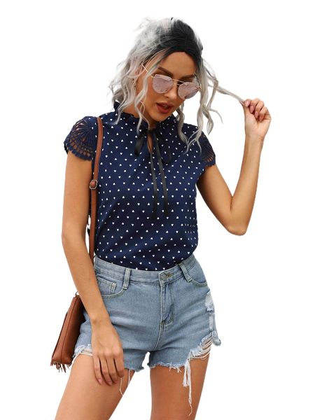 

confetti heart print contrast guipure lace tie neck blouse o1mw#, White