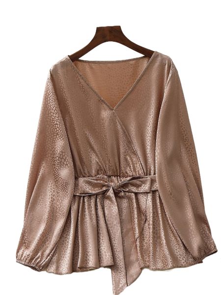 

plus dalmatian jacquard belted peplum satin blouse h8jn#, Black