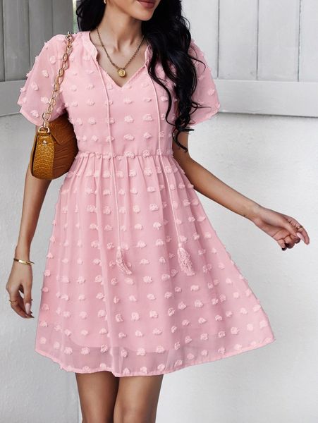 

swiss dot tassel tie smock dress y05f#, Black;gray