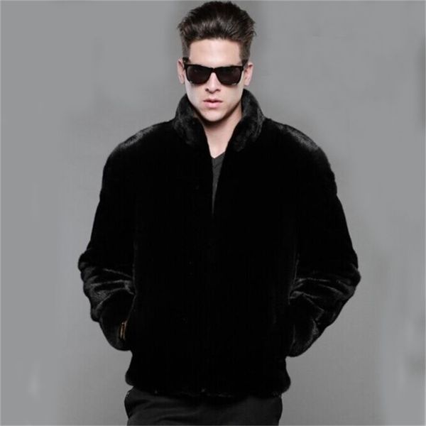 inverno uomo lussuoso cappotto di visone finto Cappotto di pelliccia di coniglio casual moda nera Giacche di pelle collo alto Plus size 201127