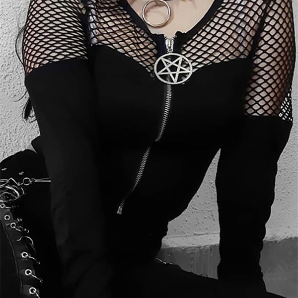 Goth Dark Fishnet Patchwork Mesh Gothic T-shirt Black Grunge Zipper Front Long Sleeve Tee Crop Top Sexy Streetwear Emo 220407