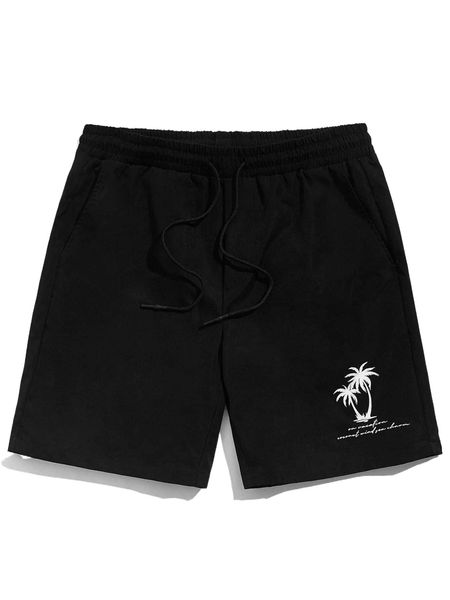 

men palm tree & slogan graphic drawstring waist shorts i6jn#, White;black
