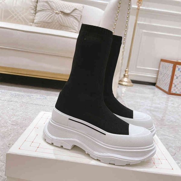 

2022 brand new m elastic knitted sock boots women's lovers thick soled high middle barrel martin boots women, Black