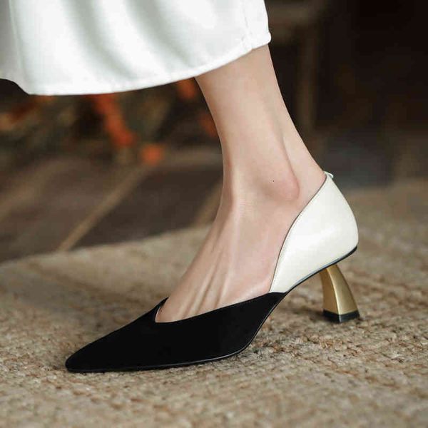 

sandals french single shoes women's pointed head color matching suede spring shallow mouth thin heel girls' high heels dxnp, Black