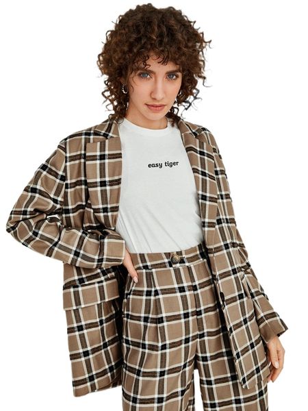 

plaid print button front blazer x7n8#, White