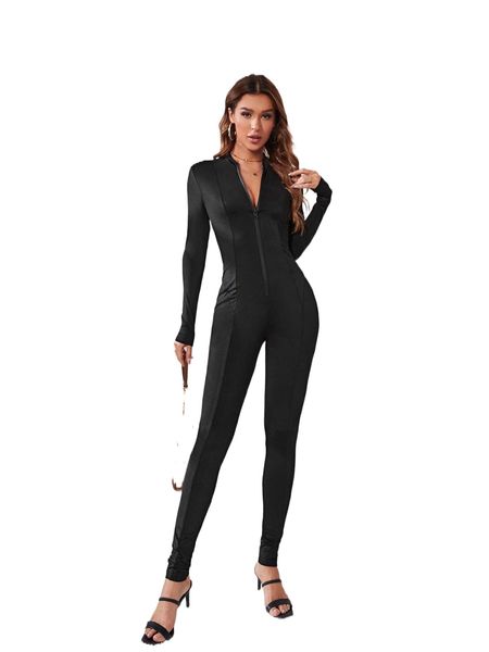 

solid zip front unitard jumpsuit c2fz#, Black;white