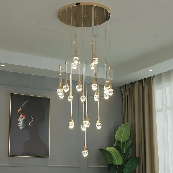 Moderno e minimalista escada lustre de cristal luz luxo duplex sala estar grande villa espiral escada longo led pendurado lâmpadas