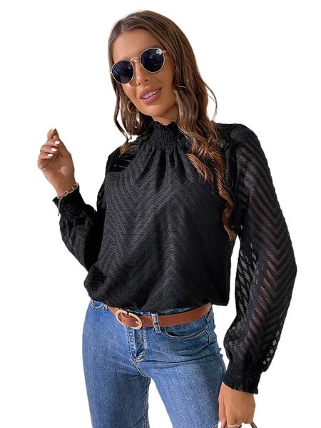 

chevron jacquard shirred lantern sleeve blouse f5u7#, White