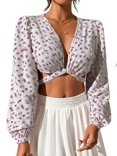 

ditsy floral print tie backless wrap blouse m2sa#, White