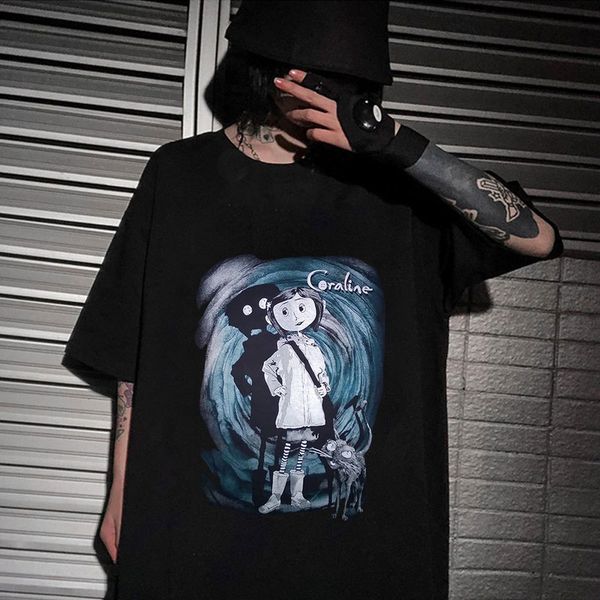 

coraline t shirt tim burton neil gaiman nightmare before christmas goth dark men t shirts summer style fashion swag 220614, White;black