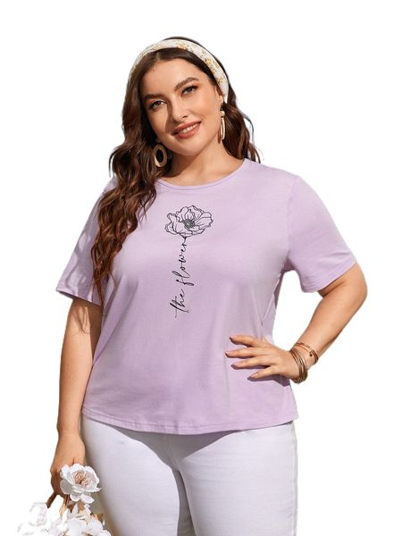 

plus 1 pc floral & letter graphic drop shoulder tee l3wu#, Black