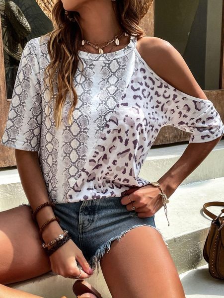 

leopard & snakeskin print asymmetrical neck tee n9xo#, White