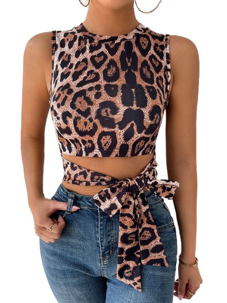 

leopard print tie front tank e2m8#, White