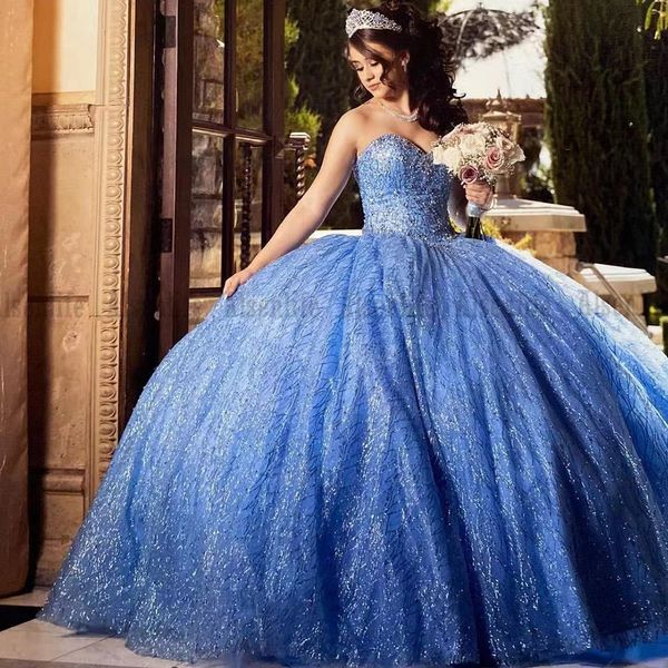 Romantik Mavi Sparkly Quinceanera Elbiseler Boncuk Tatlı 15 16 yaşında Kız Prenses Balo Abiye