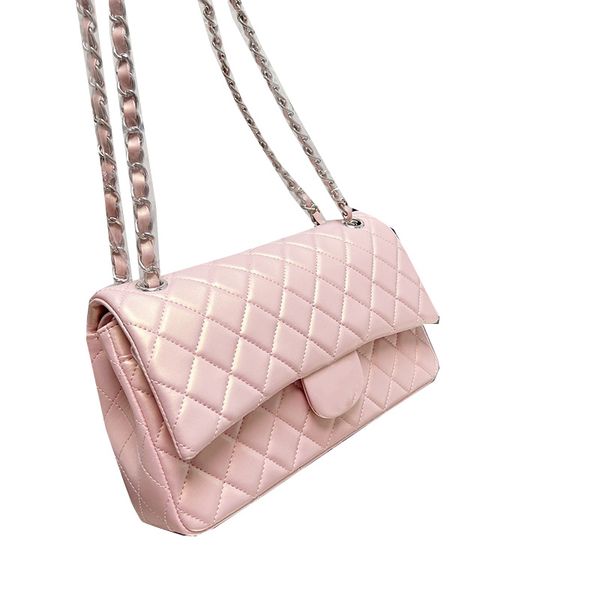 

womens pre-collection pearly pink white bag classic double flap lambskin quilted iridescent gold/silver metal hardware chain crossbody shoul