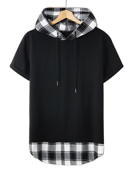 

men plaid drawstring hooded 2 in 1 tee c2dt#, White;black