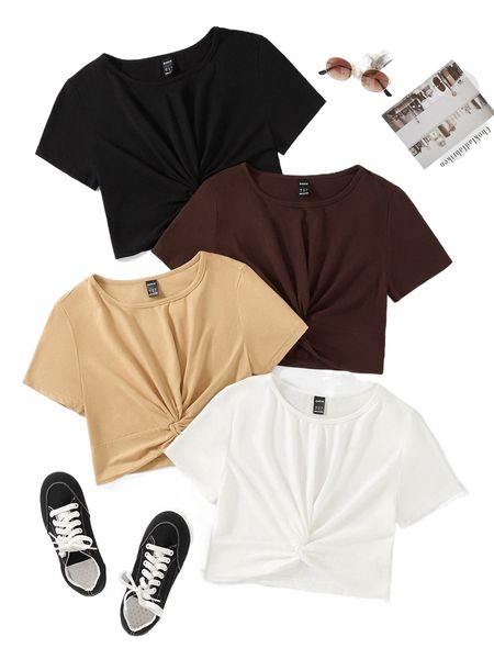 

4pcs twist front rib-knit tee z5fe#, White