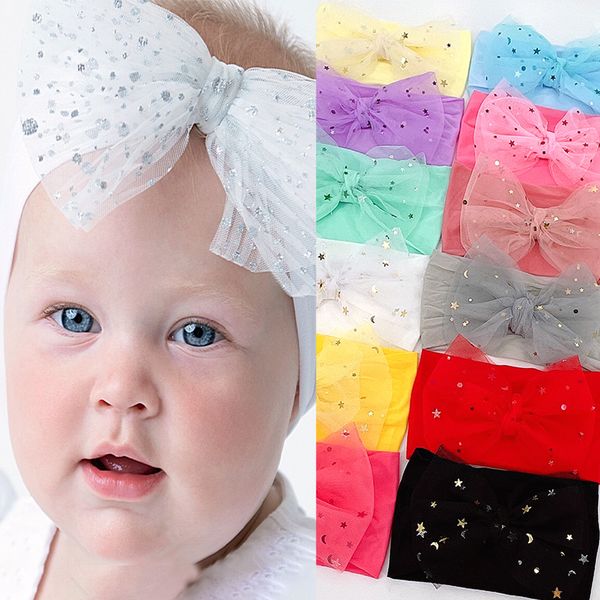 

15876 europe infant baby girls lace bowknot headband kids nylon elastic hairband children candy color bandanas head band hair accessory 13 c, Slivery;white